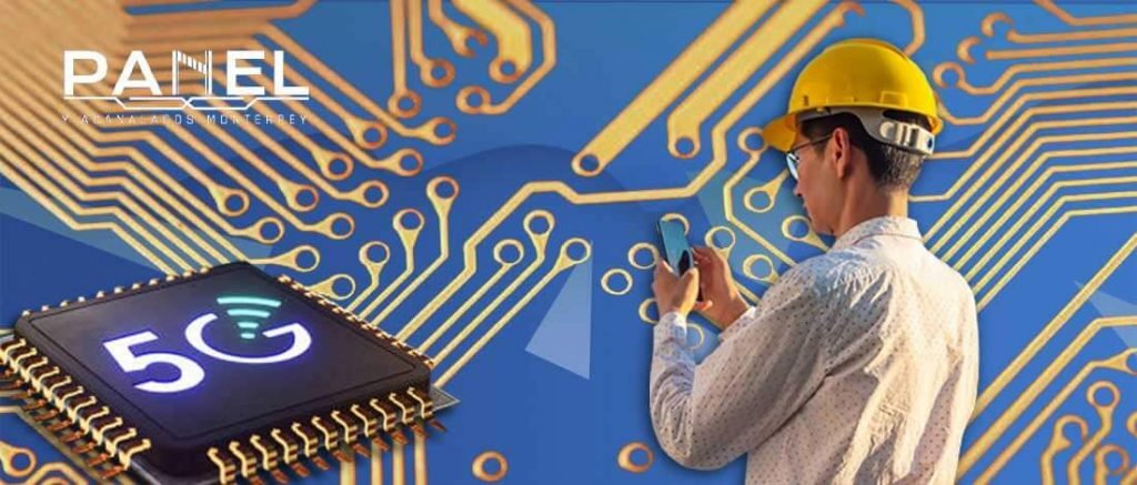 Chip de tecnologia 5G e ingeniero con telefono. Panel y Acanalados.