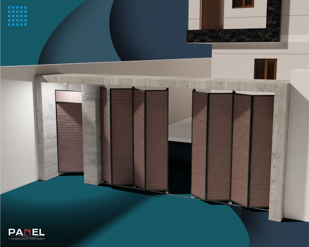 Portón de herrería con diseño de acordeón hecho de madera y perfiles de acero