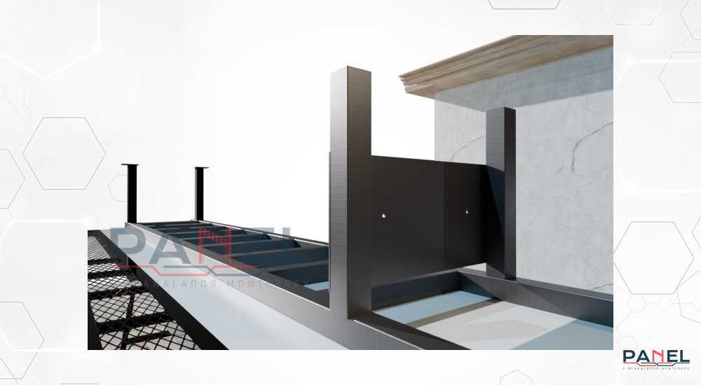 Esquema 3D de escalera acostada con secciones de PTR y placas para fijación - Escaleras marinas