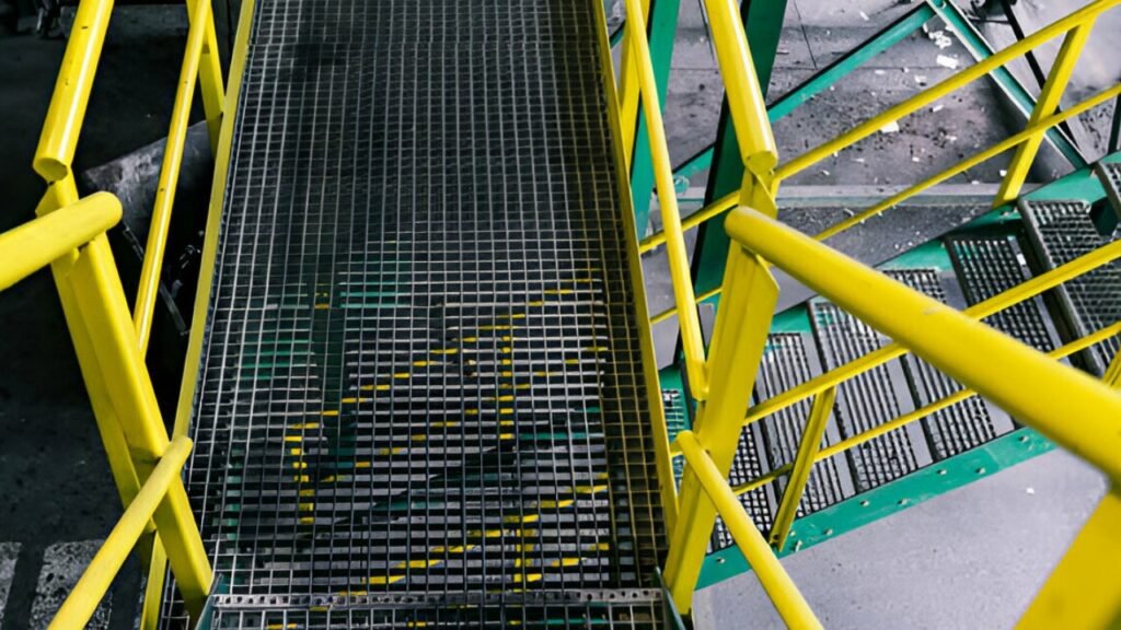 Pasillo y escalones de Rejillas Electroforjadas construidas en el interior de una planta industrial